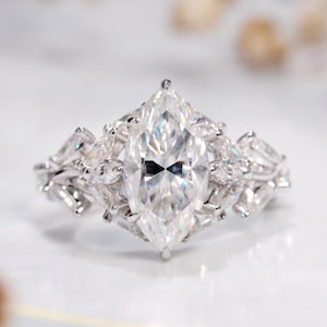 Marquise Cut Moissanite Engagement Ring, Unique Wedding Ring, Luxury Anniversary Ring, Vintage Style Antique Art Deco Style Engagement Ring