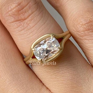 2.50 Ct Old Mine Cut Antique Cushion Cut Moissanite Engagement Ring, Solitaire Moissanite Bridesmaid Ring, East to West Set Yellow Gold Ring