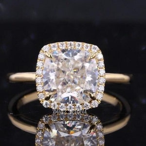 Alliance halo, bague de fiançailles en moissanite taille coussin 2 carats, bague de fiançailles unie ensemble griffes, bague art déco forme coussin minimaliste