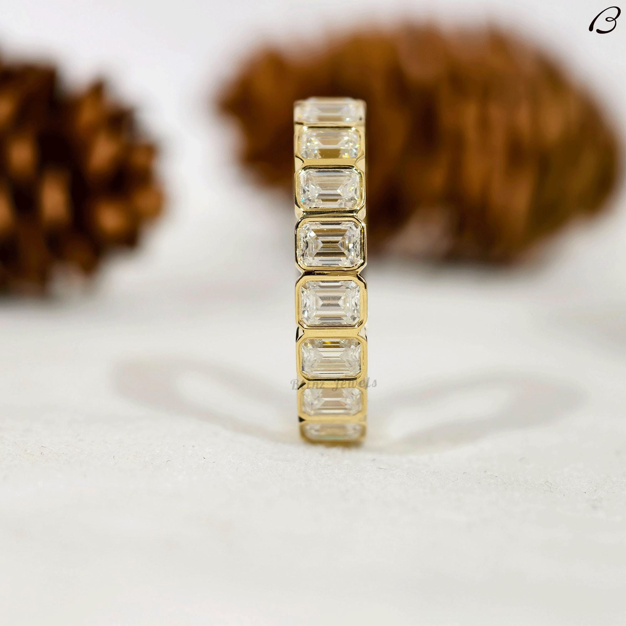 Emerald Cut Moissanite Wedding Band, Solid Gold Bezel Set Full Eternity ...