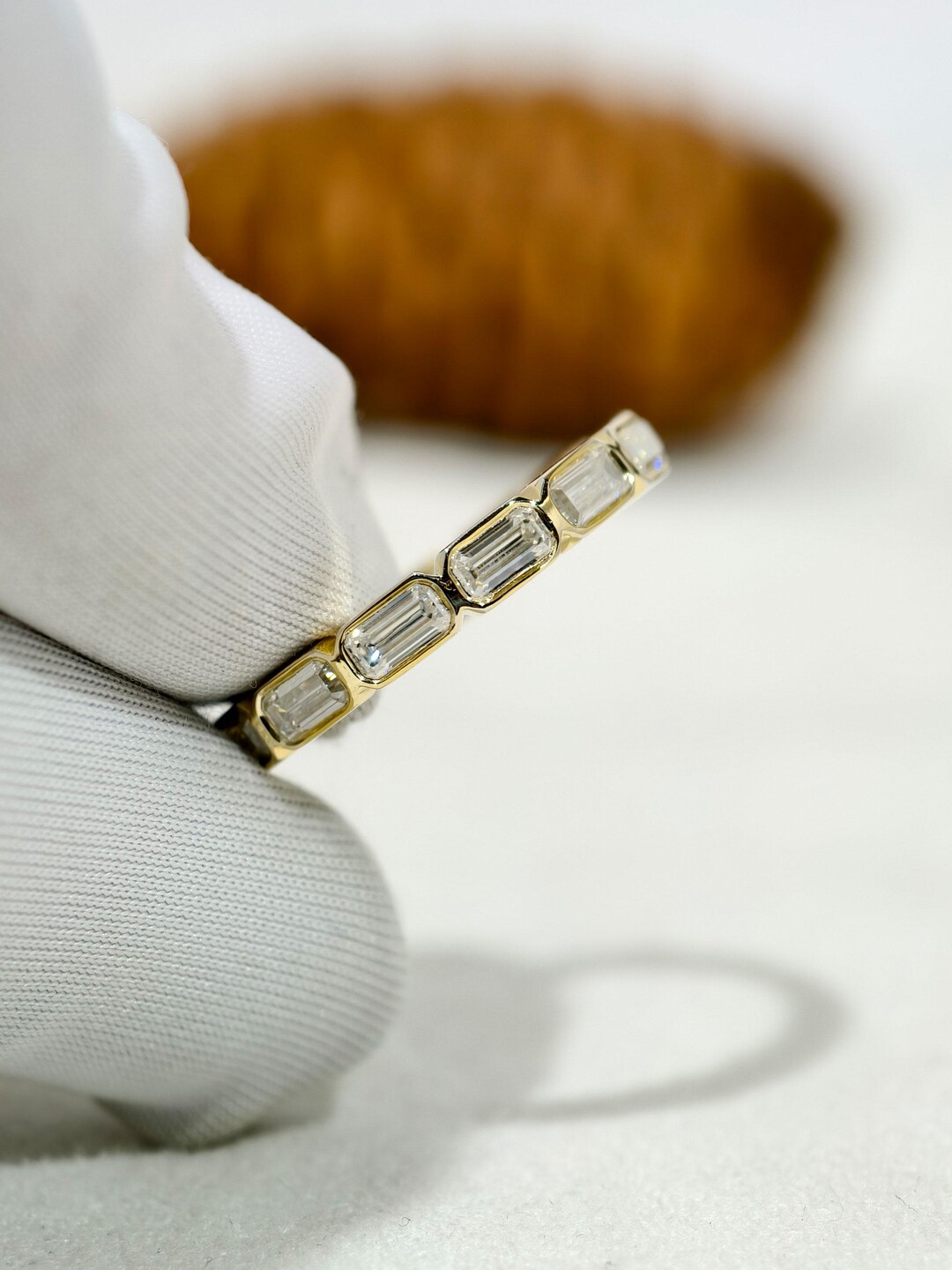 Emerald Cut Lab Grown Diamond Bezel Set Wedding Band in 18K Yellow Gold ...