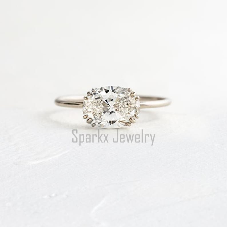 White Moissanite 1.50 Ct Oval Cut East To West Setting Solitaire Style Ring Classic Style Ring Solid 14k18k White Gold Engagement Ring