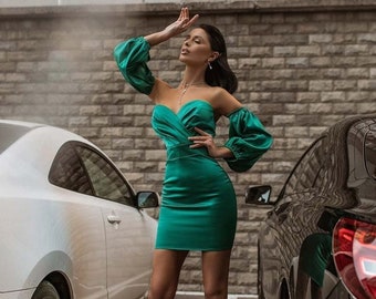 Emerald Green Fitted Dress, Green Satin Dress, Emerald Green Mini Dress, Green Bodycon Dress, Dress with Removable Puff Sleeves, Party Dress