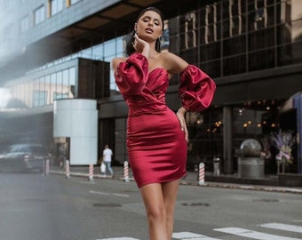 Burgundy Satin Dress, Burgundy Fitted Dress, Dress with Puff Sleeve Dress, Removable Sleeves, Satin Mini Dress, Burgundy Short Bodycon Dress