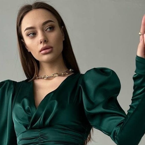 Emerald Green Dress, Emerald Green Silk Dress, Emerald Green Bridesmaid Dress, Long Sleeve Emerald Green Dress, Emerald Green Short Dress