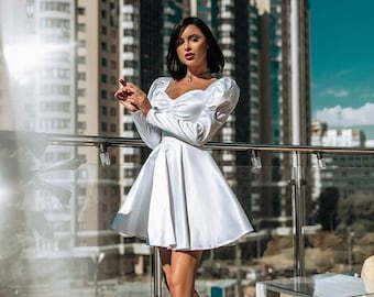 Satin White Dress, White Mini Dress, Long Sleeve White Dress, Satin Dress Short, White Skater Dress, White Flared Dress, Bridal White Dress