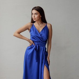 Electric Blue Wrap Dress, Blue Silk Midi Dress, Wedding Guest Dress, Wrap Bridesmaid Dress, Midi Dress Sleeveless, Silk Dress With Side Slit