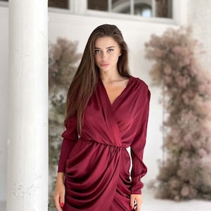 Burgundy Silk Dress, Short Burgundy Dress, Dark Red Asymmetrical Dress, Burgundy Mini Dress, Long Sleeves Dress, Burgundy Wrap Dress Women
