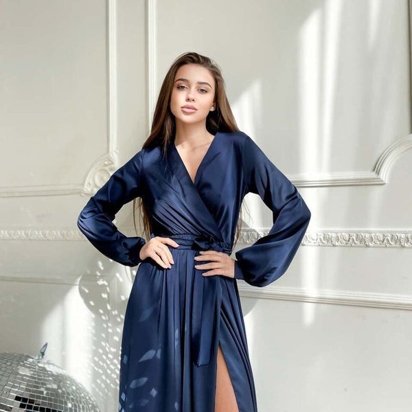 Dark Blue Wrap Dress, Silk Wrapped Dress, Dark Blue Midi Dress, Long Sleeves Dress Dark Blue, Silk Flared Dress, Midi Casual Dress Women