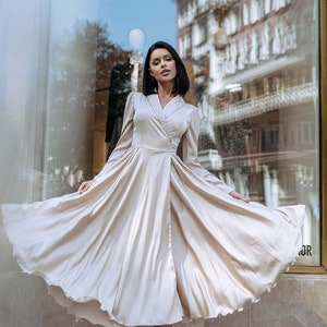 Beige Midi Silk Dress, Silk Wrapped Dress, Fit And Flare Midi Dress, Summer Wrap Dress, Full Skirt Dress, Beige Dress, Summer Swing Dress