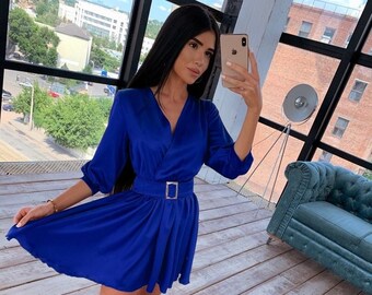 Cobalt Silk Dress, Silk Flared Dress, Cobalt Skater Dress, V-Neck, Cobalt Blue Cocktail Dress, Cobalt Blue Belted Dress, Blue Mini Dress