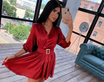 Red Silk Flared Dress, Red Belted Mini Dress, Red Skater Dress with Bracelet Sleeves, Red Silk Wrap Dress, V Neck Dress, Short Flowy Dress