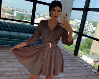 Chocolate Brown Silk Dress, Brown Skater Dress, Belted Dress, Short Flowy Dress, Silk Flared Dress, 3/4 Sleeves Dress, Fit And Flare Dress