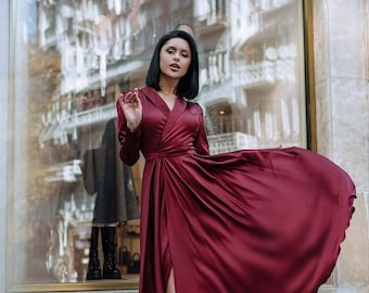 Burgundy Swing Dress, Burgundy Midi Dress, Flowy Silk Dress, Burgundy Dress  With Full Circle Skirt, Silk Slip Dress, Burgundy Retro Dress