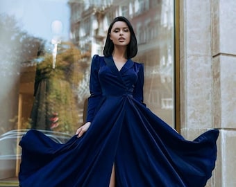 Robe de cocktail trapèze bleu foncé, Robe midi ajustée et évasée, Robe trapèze rétro, Robe portefeuille avec jupe circulaire, Robe midi en soie pour femme