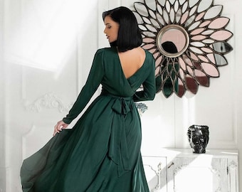 Smaragdgrünes Midikleid, V-Ausschnitt Kleid mit offenem Rücken, Smaragdgrün Brautjungferkleid, Langarm Smaragdgrünes Kleid, Smaragdgrünes Seidenkleid mit Gürtel