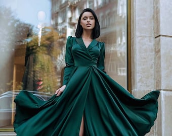 Emerald Green Silk Dress with Full Circle Skirt, Emerald Green Flare Dress,  Flowing Midi Dress, Emerald Green Silk Slip Dress, Wrap Dress