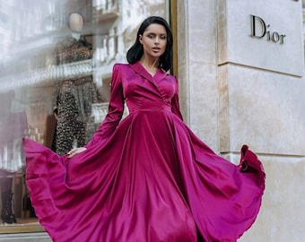 Fuchsia Wrap Dress With Full Circle Skirt, Silk Long Sleeves Dress, Full Skirt Wrap Dress, Flare Dress, Midi Women Dress, Collared Dress