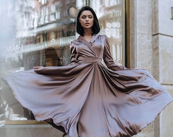 Mokko Wrap Silk Dress With Full Circle Skirt, Fit and Flare