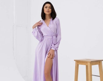 Lilac Wrap Dress Waist, Lilac Silk Midi Dress, Cocktail Dress for Special Occasions, Prom Dress, Belted Dress, V Neck Long Sleeves Dress