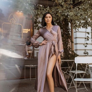 Coffee Mokko Dress, Brown Slit Dress, Mokko Dress Wrap Dress, Brown Silk Dress, Midi Women Dress, Brown Bridesmaid Dress, Silk Flared Dress
