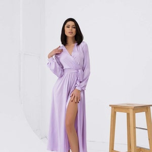 Lilac Wrap Dress Waist, Lilac Silk Midi Dress, Cocktail Dress for Special Occasions, Prom Dress, Belted Dress, V Neck Long Sleeves Dress