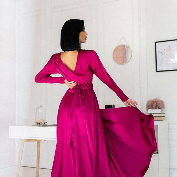 Fuchsia V Neck Back Dress, Fuchsia Silk Dress, Wedding Guest Dress, Side Slit Dress, Midi Cocktail Dress, Long Sleeves Dress, Belted Dress