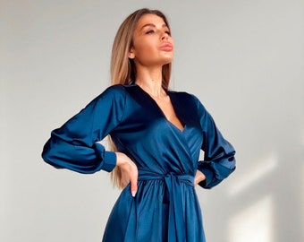 Dark Blue Wrap Dress with Slit, Silk Wrap Dress, Long Sleeve Dress, Maxi Wrap Dress, Dress With Long Puff Sleeves & Belt, Wrap Wedding Dress