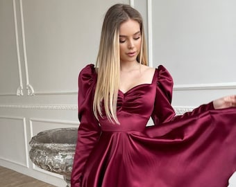 Burgundy Flared Dress, Satin Mini Dress, Short Burgundy Dress, Dress With Full Circle Skirt, Long Sleeves Dress, Fit And Flare, Party Dress