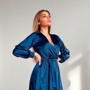 satin blue wrap dress Easy Elegance Cobalt Blue Satin Dress by Priceless main image 1