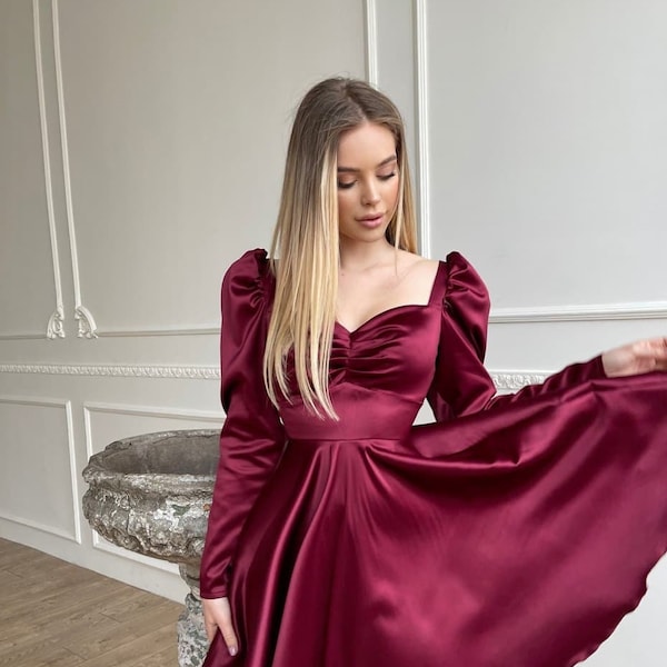 Burgundy Flared Dress, Satin Mini Dress, Short Burgundy Dress, Dress With Full Circle Skirt, Long Sleeves Dress, Fit And Flare, Party Dress