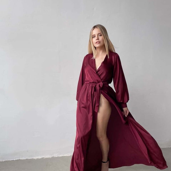 Burgundy Wrap Dress, Long Flowy Burgundy Dress, Silk Evening Dress, Burgundy Dress Women, Bridesmaid Dress Burgundy, Burgundy Dress Belt