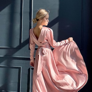 Long Sleeve Pastel Pink Dress, Pink Slip Dress, Silk Midi Dress, Pink Prom Dress Midi, Soft Pink Romantic Dress, Silk Dress With Leg Slit