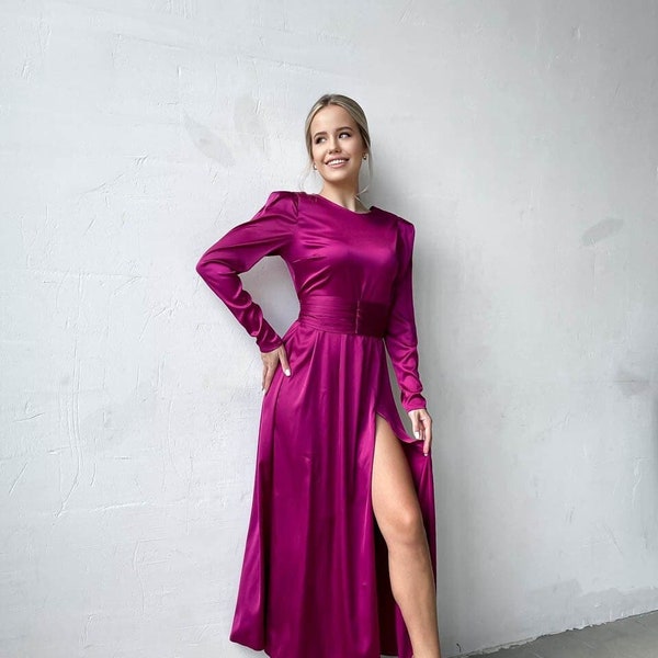 Fuchsia Silk Midi Dress, Silk Slip Dress, Fuchsia Long Sleeves Dress, Fuchsia Dress With Side Slit, Fuchsia Long Dress, Dress With Leg Slit