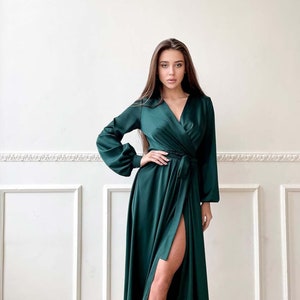 Emerald Green Midi Dress, Long Sleeve Emerald Green Dress, Emerald Green Silk Dress, Emerald Green Slip Dress, Emerald Green Casual Dress