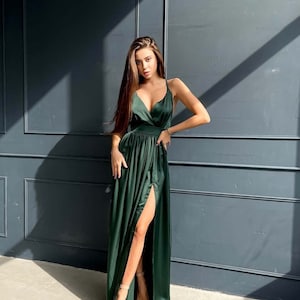 Olive Green Long Dress, Olive Green Tied Back Dress, Olive Green Slit Slip Dress, Khaki Long Skirt Dress, Silk Maxi Dress, Green Long Dress