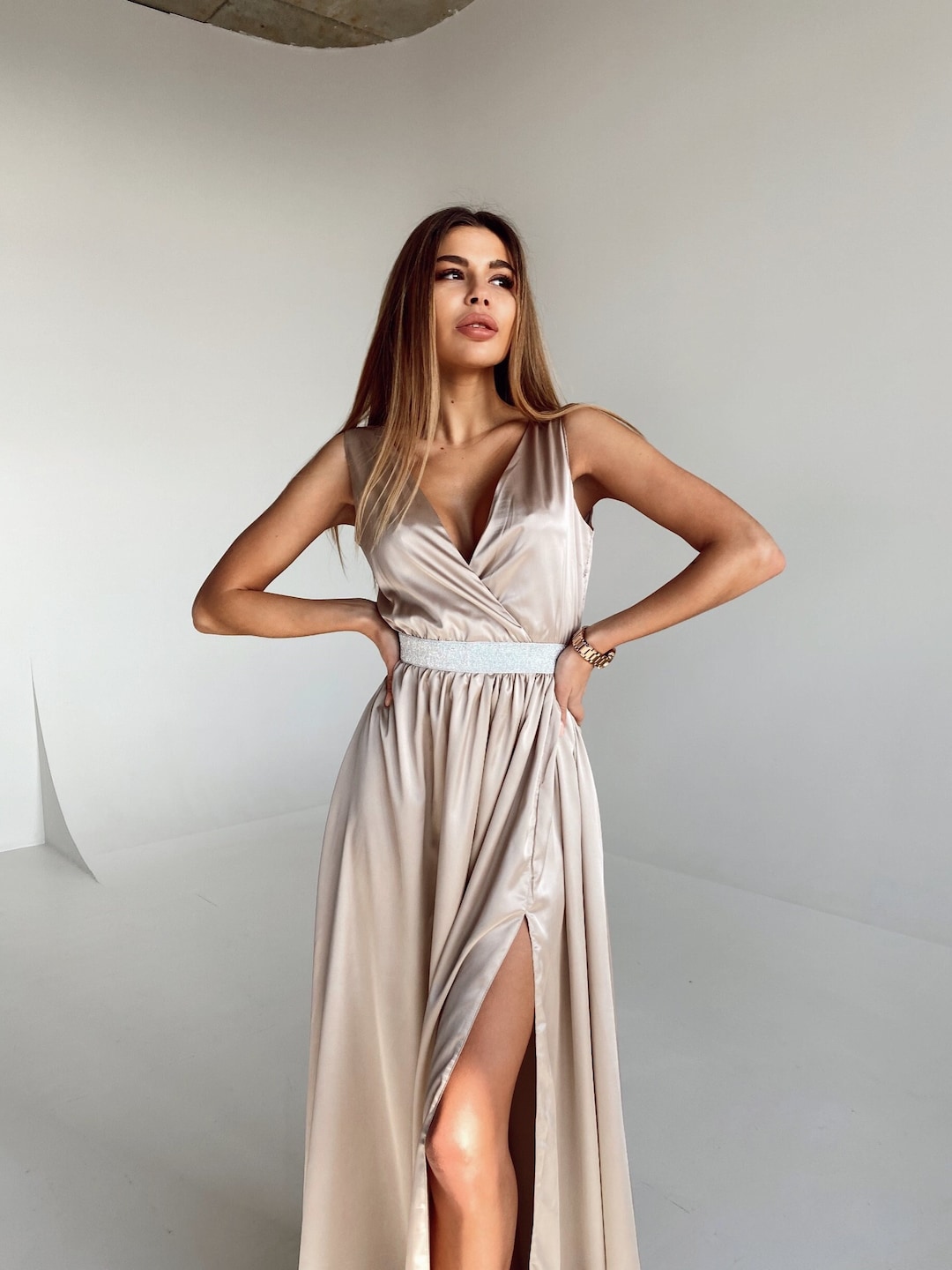 VIP【関税送料無料】希少 LANVIN BEIGE SILK DRESS Saint Laurent V-Neck Dress in Silk Satin | Saks Fifth Avenue