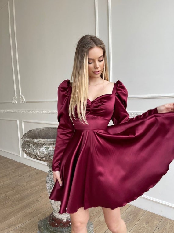 Burgundy Flared Dress, Satin Mini Dress, Short Burgundy Dress, Dress With  Full Circle Skirt, Long Sleeves Dress, Fit and Flare, Party Dress 