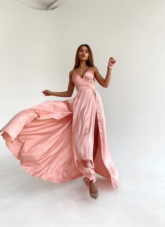 Pink Double Slit Dress, Pink Silk Dress, Double Slit Maxi Dress