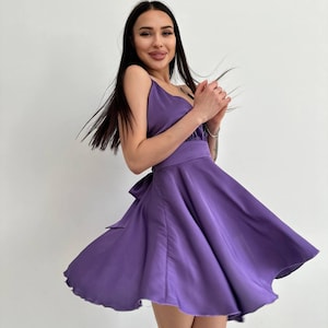 Silk Dress With Bow In The Back, Purple Backless Dress, Silk Dress Knee Length, Purple Silk Bridesmaid Dress,  Silk Sleeveless Dress