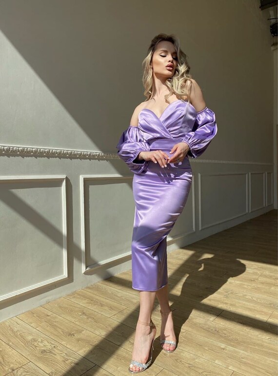 Lavender Royal Atlas Dress, Corset Midi Dress, Detachable Sleeves Bridal,  Corset Style Prom Dress, Atlas Slip Dress Midi, Puff Sleeve Dress - Etsy  Denmark