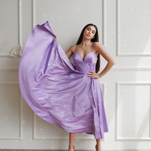 Lilac Prom Dress, Open Back Dress, Dress With Foam Cup, Lilac Full Circle Dress, Royal Atlas Lilac Dress, Sleeveless Dress, Silk Midi Dress