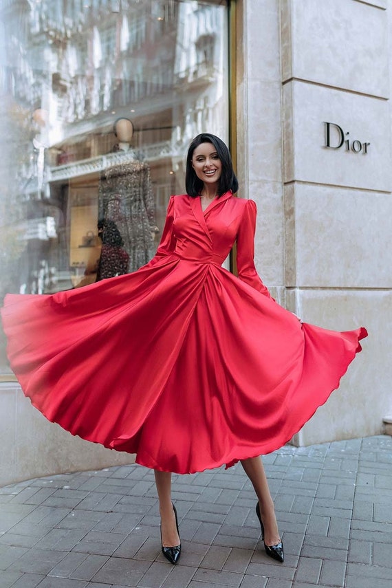 Red Dress With Full Circle Skirt, Wrap Silk Dress, Flowy Dress