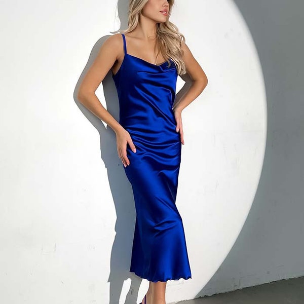 Midi Blue Silk Cowl Neck Dress, Royal Blue Silk Slip Dress, Royal Blue Silk Women's Slip Dress, Royal Blue Silk Dress, Silk Bridesmaid Dress