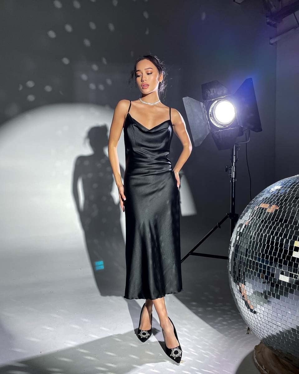 knee length dresses for ladies Black Satin Cowl Neck Midi Dress main image 1