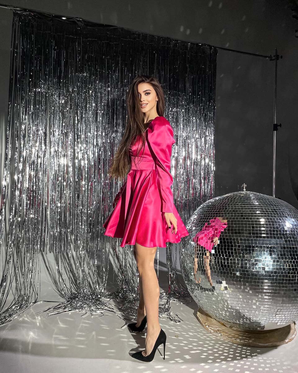 Hot Pink Satin Dress, Pink Mini Dress, Pink Puff Sleeve Dress, Flared ...