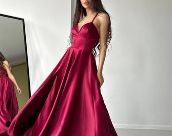 Burgundy Prom Dress, Burgundy Evening Dress, Burgundy Satin Dress, Burgundy Red Bridesmaid Dress, Burgundy Slit Dress, Satin Maxi Dress