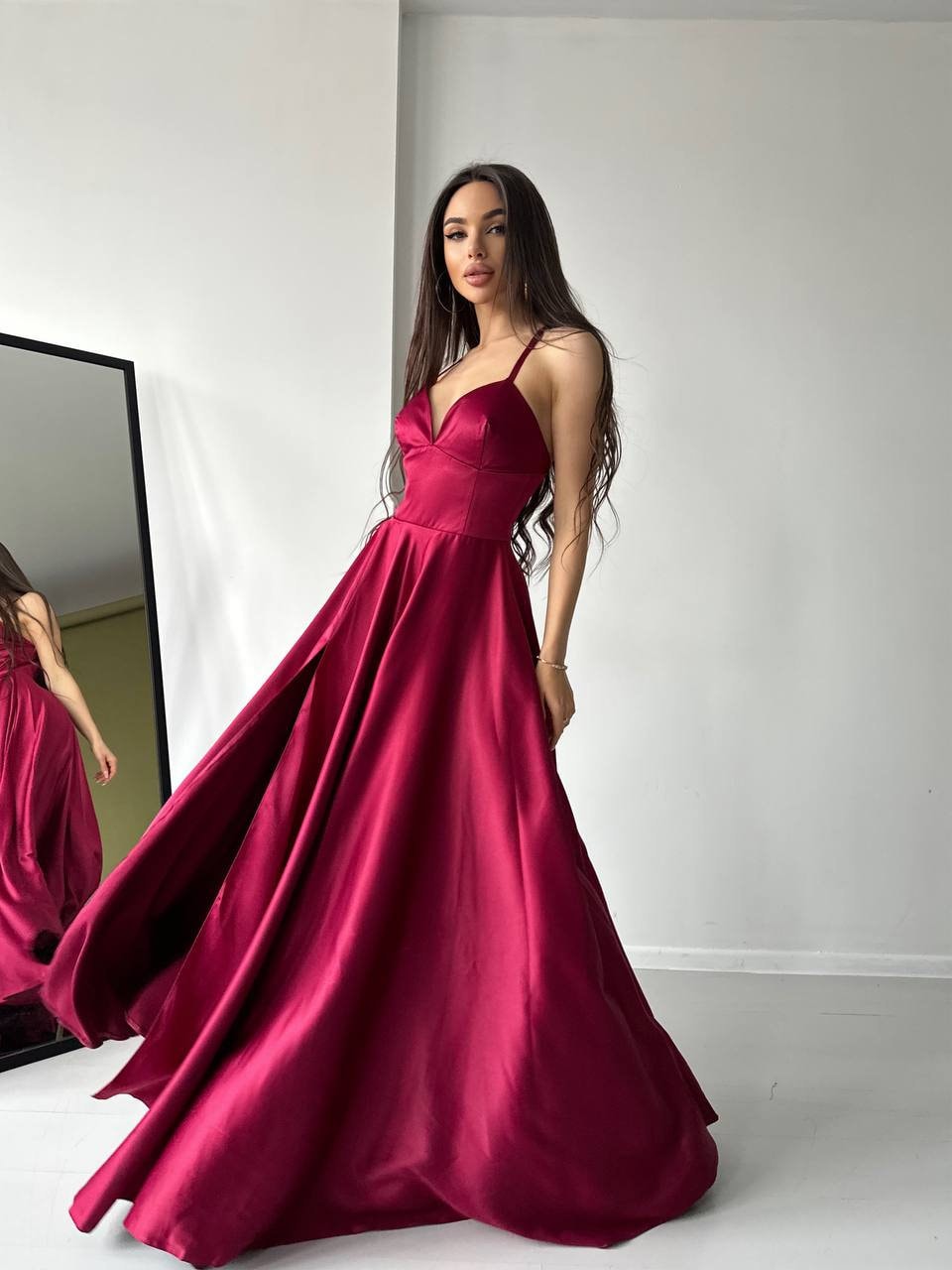 Deep V-neck Burgundy Lace Satin Prom Dresses, High Slit Prom Dresses, Long Prom Dresses Deep V-neck Burgundy Lace Satin Prom Dresses, High Slit Prom Dresses, Long Prom Dresses