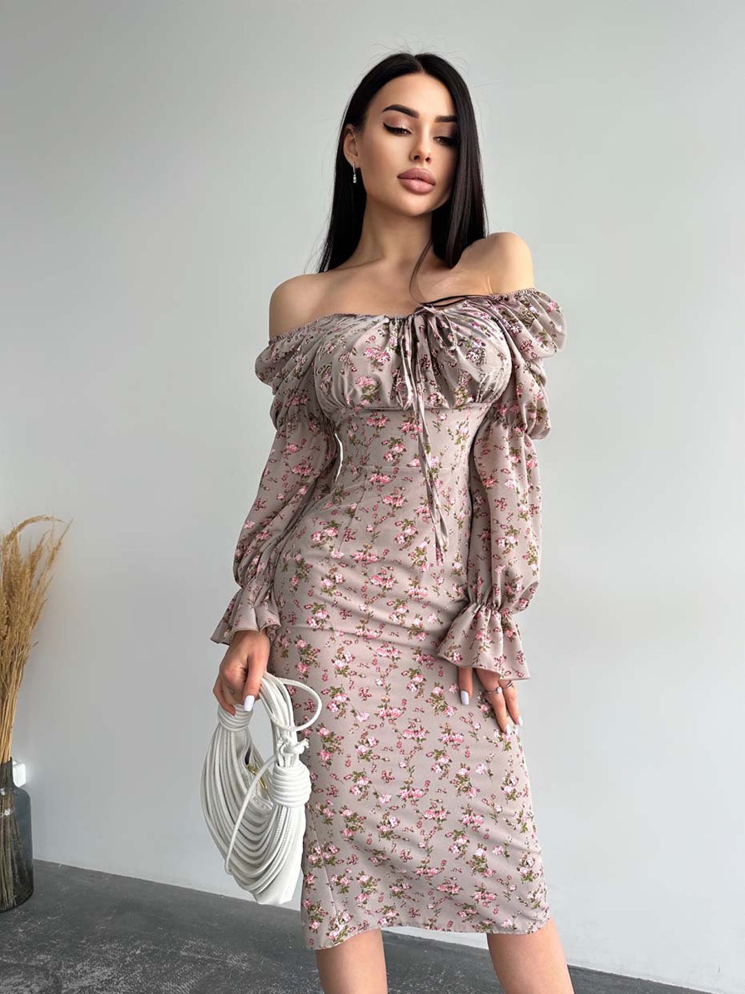 Beige Floral Dress With Puffy Sleeves, Party off Shoulder Dress, Midi