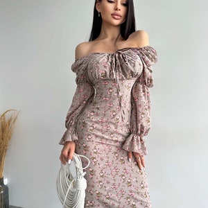 Beige Floral Dress With Puffy Sleeves, Party Off Shoulder Dress, Midi Dress With Floral Print, Beige Floral Bridesmaid Dress, Floral Dress